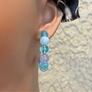 Colorful Teal Aqua and Lavender Beaded Hoop Earrings